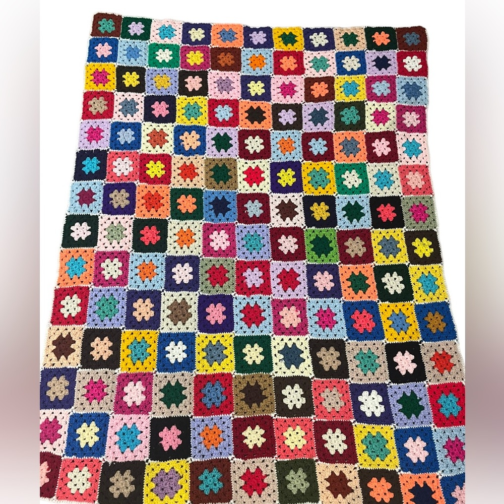 Handmade Vintage Granny Square Multicolor Throw Blanket Groovy Retro Decor 58x46